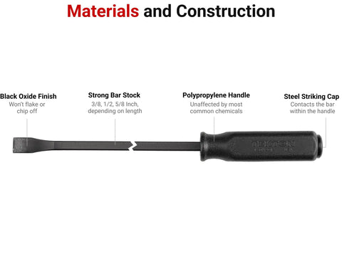 Materials and construction details of Beefy Angled End Handled Pry Bar Set, showing black oxide finish and polypropylene handle.
