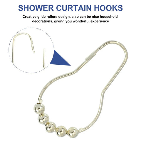 Close-up of a single gold tone shower curtain hook with bead rollers, part of the 15 Pcs Metal Shower Curtain Rings With Beads Decor Glide Rollers For Smooth Hanging On Shower Rod Gold Tone Iron Hooks For Home Bath Accessories Durable Snag Free Easy Glide set.