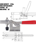 Stainless Steel Quick Toggle Clamp For Welding And Woodworking Positioning Clamp With Rock Solid Corrosion Resistant Metal Construction Anti Rust Durable Latch Action Soft Handle Cover For Easy Safe One Hand Operation, front view with red handle and specifications