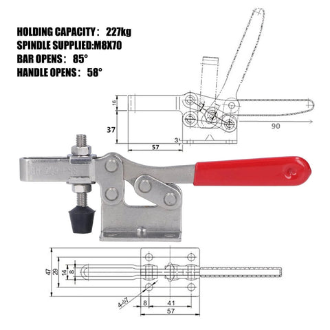 Stainless Steel Quick Toggle Clamp For Welding And Woodworking Positioning Clamp With Rock Solid Corrosion Resistant Metal Construction Anti Rust Durable Latch Action Soft Handle Cover For Easy Safe One Hand Operation, front view with red handle and specifications