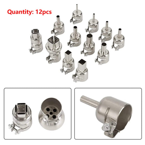 Heat Proof Nozzles Kit For 850 Hot Air Soldering Station 12 Piece Set With Round And Square Tips For Precise Rework Industrial Grade Steel