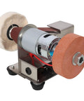 Aynuma Mini Belt Sander 7-Speed Electric Grinder Knife Sharpening Tool With Forward Reverse Rotation Bench Polisher Machine showing motor and polishing wheels.