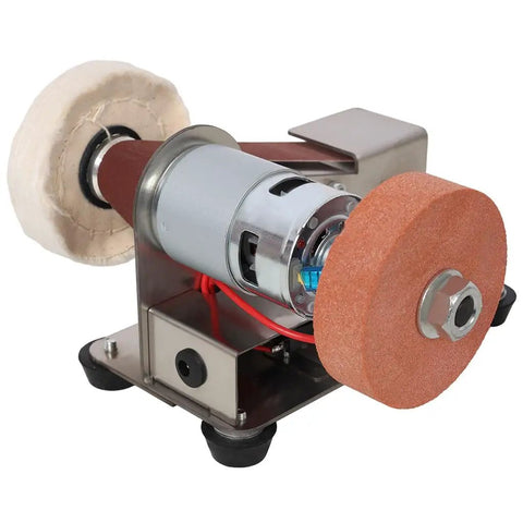 Aynuma Mini Belt Sander 7-Speed Electric Grinder Knife Sharpening Tool With Forward Reverse Rotation Bench Polisher Machine showing motor and polishing wheels.