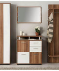 Modern wooden entryway furniture set with cabinets, drawers, coat hooks, and a wall mirror in a contemporary room.