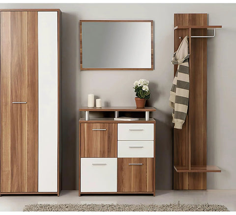 Modern wooden entryway furniture set with cabinets, drawers, coat hooks, and a wall mirror in a contemporary room.