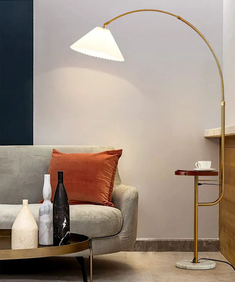 Gold Floor Lamp With Integrated Table Tray And Dual USB Ports Long Arm Reading Light For Bedroom Living Room Or Office