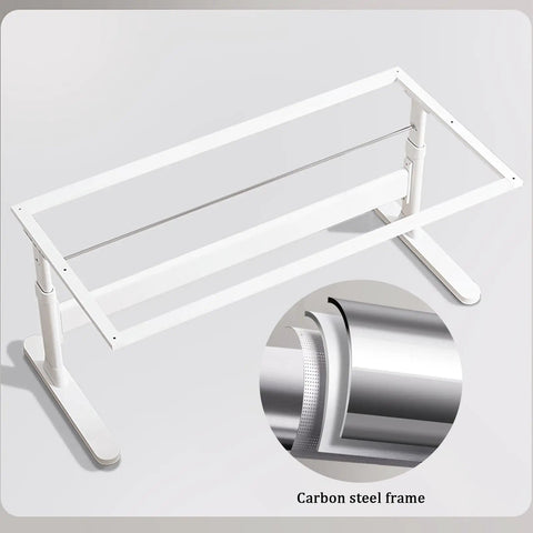 White carbon steel frame of Badass Height Adjustable Standing Desk With Manual Crank Drawer And Removable Bookshelf.