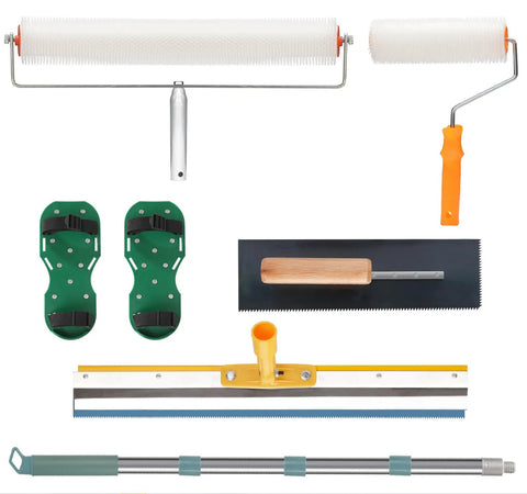 Pro Grade Self Leveling Concrete Tool Kit with Adjustable Extension Pole, floor roller, nailer shoe, epoxy floor tool, stainless steel trowel