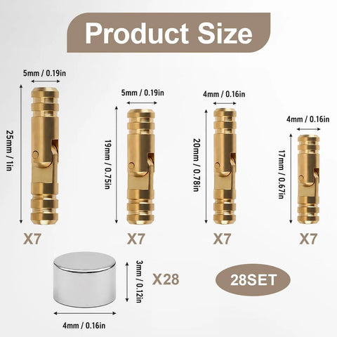 28pc Brass Jewelry Box Hinges Set With Barrel Concealed Hinges And Drill Jig For Wooden Boxes showing product size and dimensions