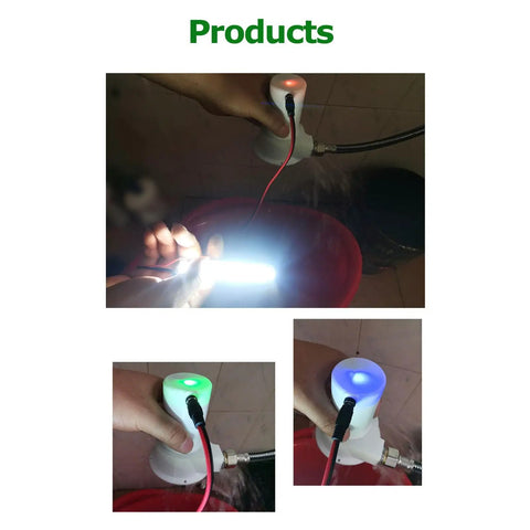 Hands holding Go To 50W Hydro Generator for Off Grid Power Brushless Water Turbine connected to hose and emitting light
