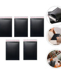 Five Pack Black Waterproof Bubble Mailers with tear and shake resistant envelope bags for shipping, shown with contents inside.