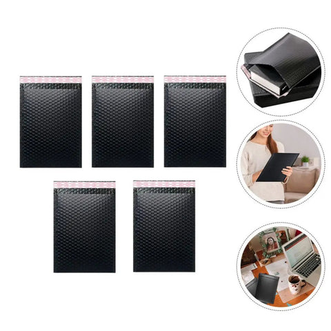 Five Pack Black Waterproof Bubble Mailers with tear and shake resistant envelope bags for shipping, shown with contents inside.