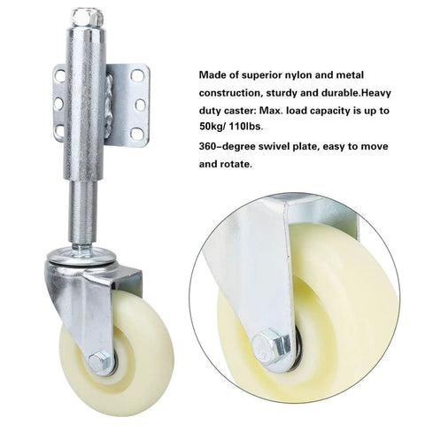 Four Inch Nylon Gate Wheel With Spring Loaded Caster For Automatic Height Adjustment And Eliminated Gate Sag On Uneven Terrain. Swivel plate design.