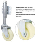 Built Tough Four Inch Spring Loaded Gate Wheel With Shock Absorbing Nylon Rollers And Six Hole Steel Bracket Handles 110 Lbs, detailed view of nylon wheel and metal bracket.