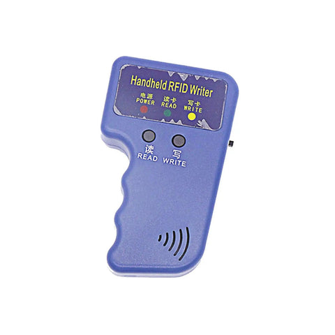 Blue Handheld 125KHz RFID Copier and Card Duplicator with buttons and display for T5577 and EM4305 cards.