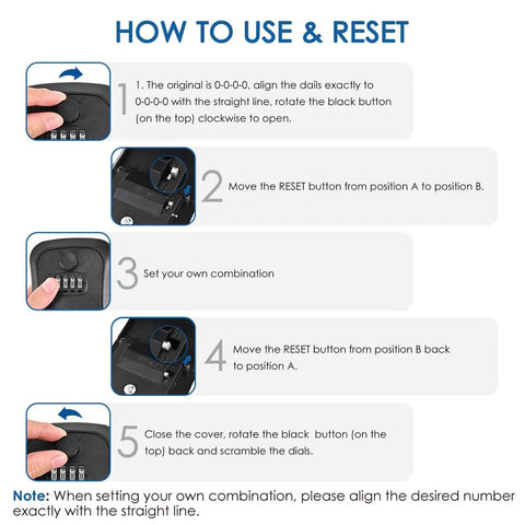 Instructions on setting 4 Digit Combo Key Safe Box Outdoor Waterproof Wall Mount Lock Box with illustrations of steps.