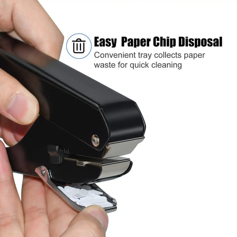 Person using All Metal Hole Punch for DIY Crafts and Paper with smooth lever and easy paper chip disposal shown.