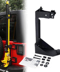 Rear High Lift Jack Mount Carrier for 2007-2017 Jeep Wrangler JK off-road bolt-on holder installed on vehicle.