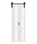 Premium Three Panel Bifold Barn Door With Heavy Duty Sliding Hardware Set And Sleek Handle, white with black track.