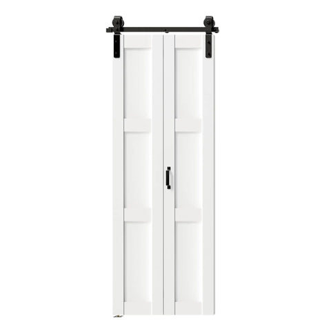 Premium Three Panel Bifold Barn Door With Heavy Duty Sliding Hardware Set And Sleek Handle, white with black track.