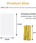 Diagram showing size of Clear 3x5 Inch Cake Pop Bags With Twist Ties, Lollipop Bags For Cookies Candies and Treats, 100 Pack