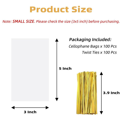 Diagram showing size of Clear 3x5 Inch Cake Pop Bags With Twist Ties, Lollipop Bags For Cookies Candies and Treats, 100 Pack