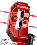 JFOYH red CNC-machined 4-piston MTB hydraulic brake caliper body close-up with mounting holes