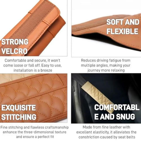 Premium Leather Seat Belt Cover For Tesla Cybertruck Featuring Quilted Smooth Surface, showcasing velcro and stitching details.