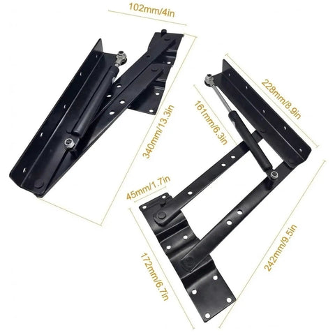 Two Pack Folding Lift Up Top Coffee Table Mechanism With Gas Hydraulic Hinges displayed in steel with dimensions