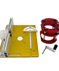 Top Shelf Metal Router Lift Base With Zero Lag Height Control Bulletproof Insert Plate Kit includes yellow base and red insert.