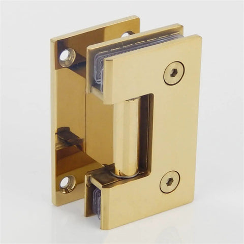 Straight Up Heavy Duty 90 Degree Glass Door Hinges Stainless Steel 304 Matte Black Wall Mount Frameless Shower Door Hardware No Sweat Double Action Top Shelf Picks in gold finish.