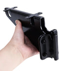 Holding a heavy duty 4 Pack E Track Fixed Shelf Bracket with black rust-resistant finish and adjustable width for E track or X track rails.
