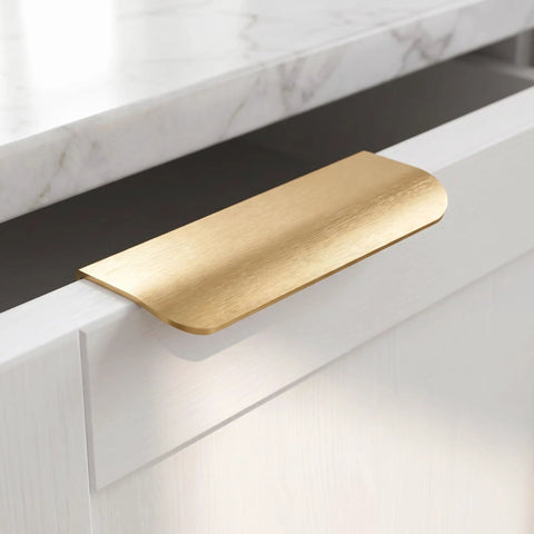 Brushed Gold Cabinet Finger Pulls 4.72 Inch Edge Pulls For Large Kitchen Drawers, 2 Pack With Screws on white drawer