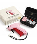 Mini Stitch Gun For No Sew Hem Fix And Button Rescue Kit with hard EVA case, pink stitch gun, 2000 fasteners, and accessories.