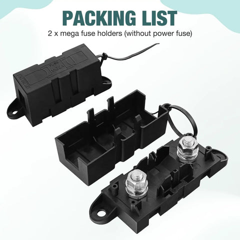 Heavy Duty Mega Fuse Holder Pack Of 2 With Secure Cover For Cars Trucks And Vans Top Shelf kit showing dual holders with secure fittings.
