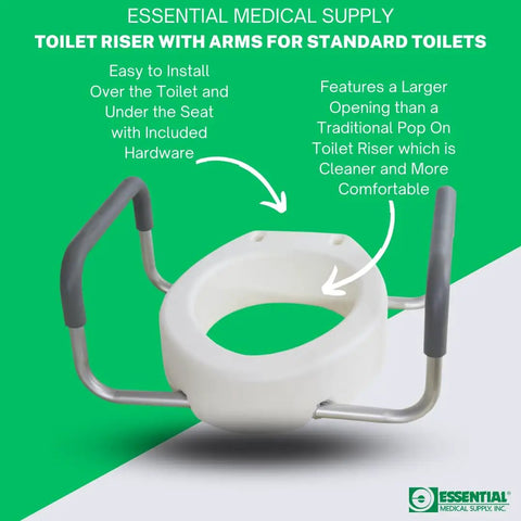 Raised Toilet Seat Riser With Padded Aluminum Arms For Support 3.5 Inch Lift Fits Most Standard Round Toilets Easy To Install On Existing Seat Non Slip Stable And Comfy For Easy Sit And Stand