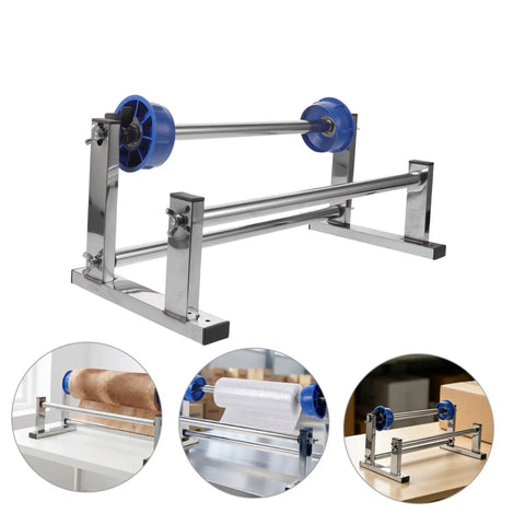 Manual Stretch Film Tool With Cutter And Adjustable Hand Operated Wrap Dispenser Stand For Easy Warehouse Wrapping Of Regular Supplies And Cargo Packaging Film In Lightweight Metal Plastic Construction, chrome frame