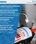 Instruction manual display for applying Heavy Duty High Temp Silicone Sealant For Sealing Bonding And Insulating Withstand Up To 572 Fahrenheit Red For Oven Chimney Adhesive In Home And Industrial Use Two Point Eight Ounce using a pressure gun.