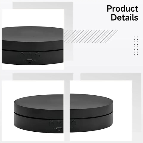 Show Off Your Cool Stuff With This Electric Rotating Display Stand That Spins 360 Degrees Smoothly Featuring A Handy Remote Control, Three Speed Modes, And Flexible Power Options For USB Or Battery To Make Your Products Pop At Home Or In Business: Black rotating display stand top view showing power buttons.