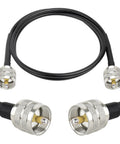 Beefy RG58 Coax Cable 3ft 50 Ohm With PL-259 UHF Male Connectors shown with circular black cable and silver connectors close-up.