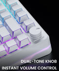 Close-up of Heavy Hitter 75 Percent Wireless Mechanical Keyboard With A Dope Gasket Mount and sleek pure white shell, showcasing dual-tone volume control knob.