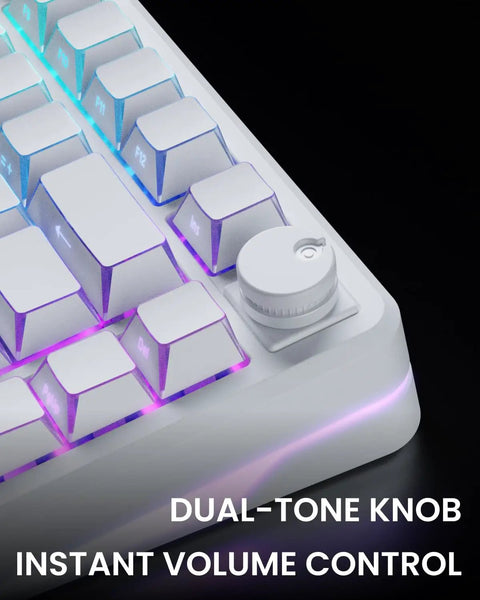 Close-up of Heavy Hitter 75 Percent Wireless Mechanical Keyboard With A Dope Gasket Mount and sleek pure white shell, showcasing dual-tone volume control knob.