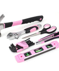 Pink Tool Set For Women 220 Piece Home Repair Kit With Durable Forged Steel Pliers And 12 Inch Wide Mouth Open Storage Tool Bag Great For DIY Projects And Everyday Home Fixes Around The House, featuring pink hammer, pliers, scissors, and level