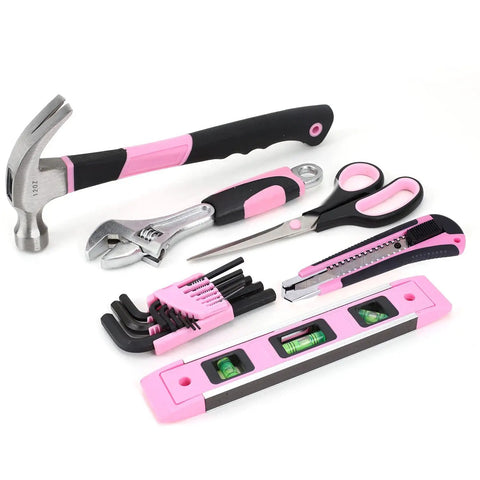 Pink Tool Set For Women 220 Piece Home Repair Kit With Durable Forged Steel Pliers And 12 Inch Wide Mouth Open Storage Tool Bag Great For DIY Projects And Everyday Home Fixes Around The House, featuring pink hammer, pliers, scissors, and level