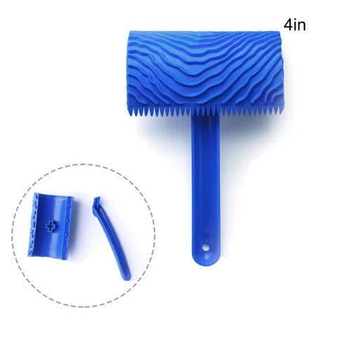 Four Piece Rubber Wood Grain Paint Roller Set For Killer Faux Finish Textures, featuring 4-inch blue rubber paint roller with textured head.