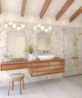 Bathroom with Five Light Bathroom Vanity Light Fixture With Milk Glass Globes In Brass Finish above mirrors