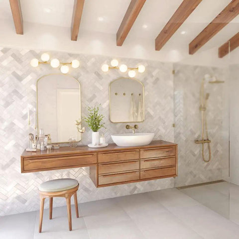 Bathroom with Five Light Bathroom Vanity Light Fixture With Milk Glass Globes In Brass Finish above mirrors