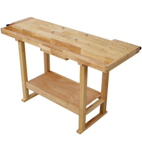 Heavy Duty Rubber Wood Workbench With Bar Clamps For Garage Diy And Welding Station, sturdy design with storage shelf.