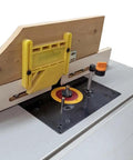 Dead On Accurate Nine By Twelve Inch Router Table Insert Plate with undrilled base and flush mounting shown in use.