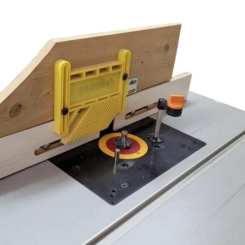 Dead On Accurate Nine By Twelve Inch Router Table Insert Plate with undrilled base and flush mounting shown in use.
